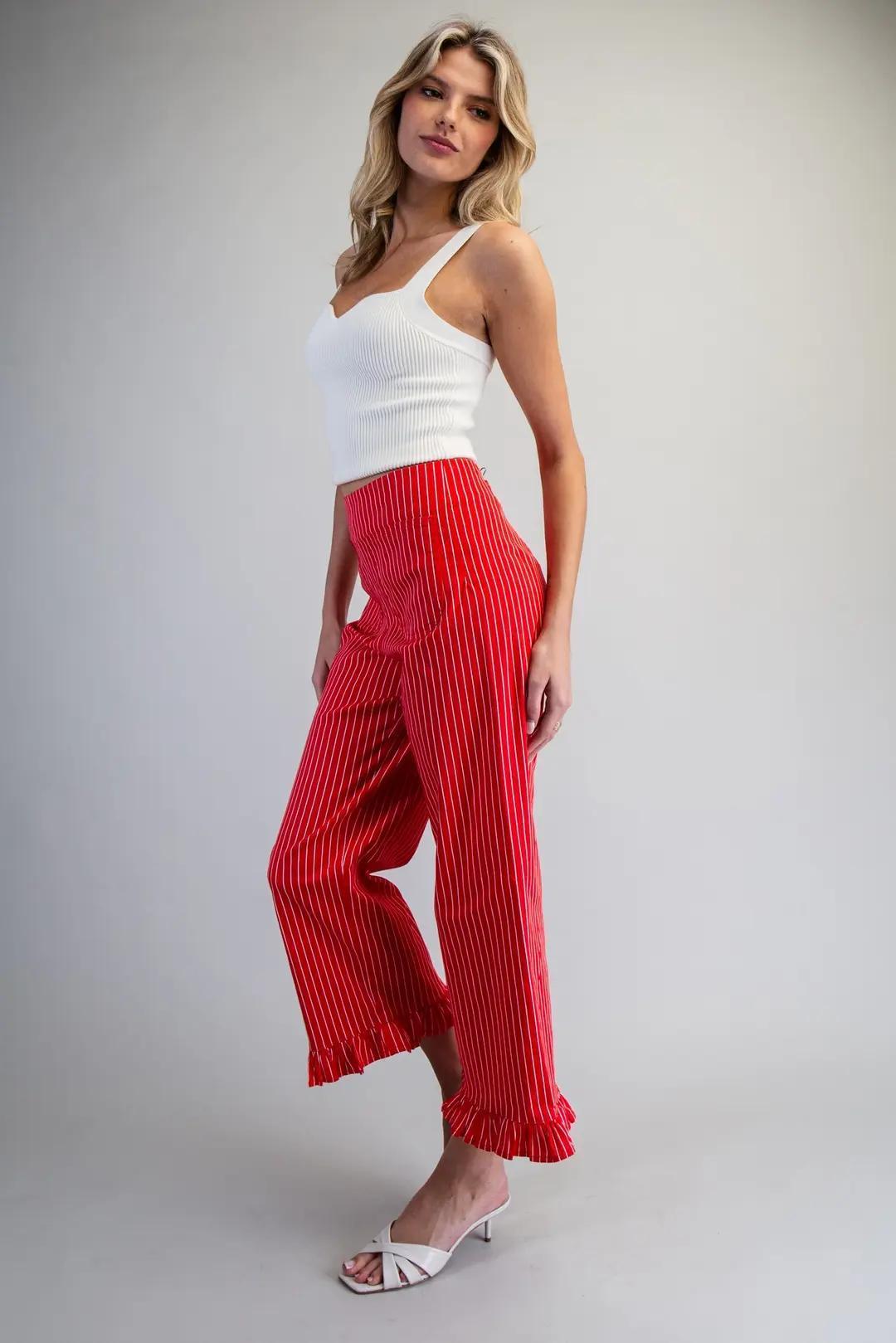 Cherry Red Straight Leg Striped Ruffled Pants