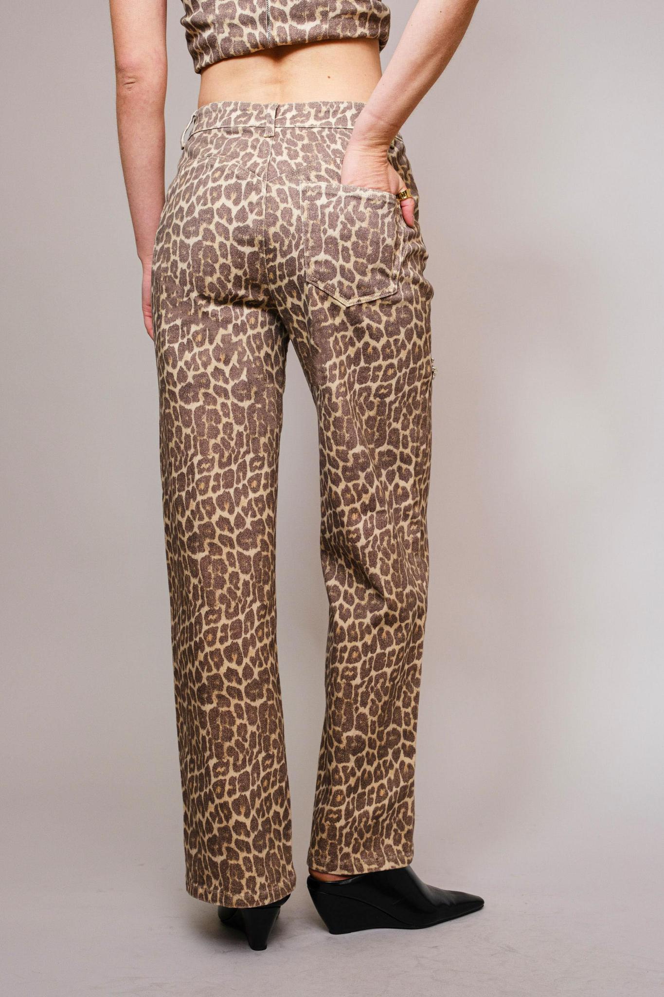 Leopard Print Rhinestone Cutout Jeans