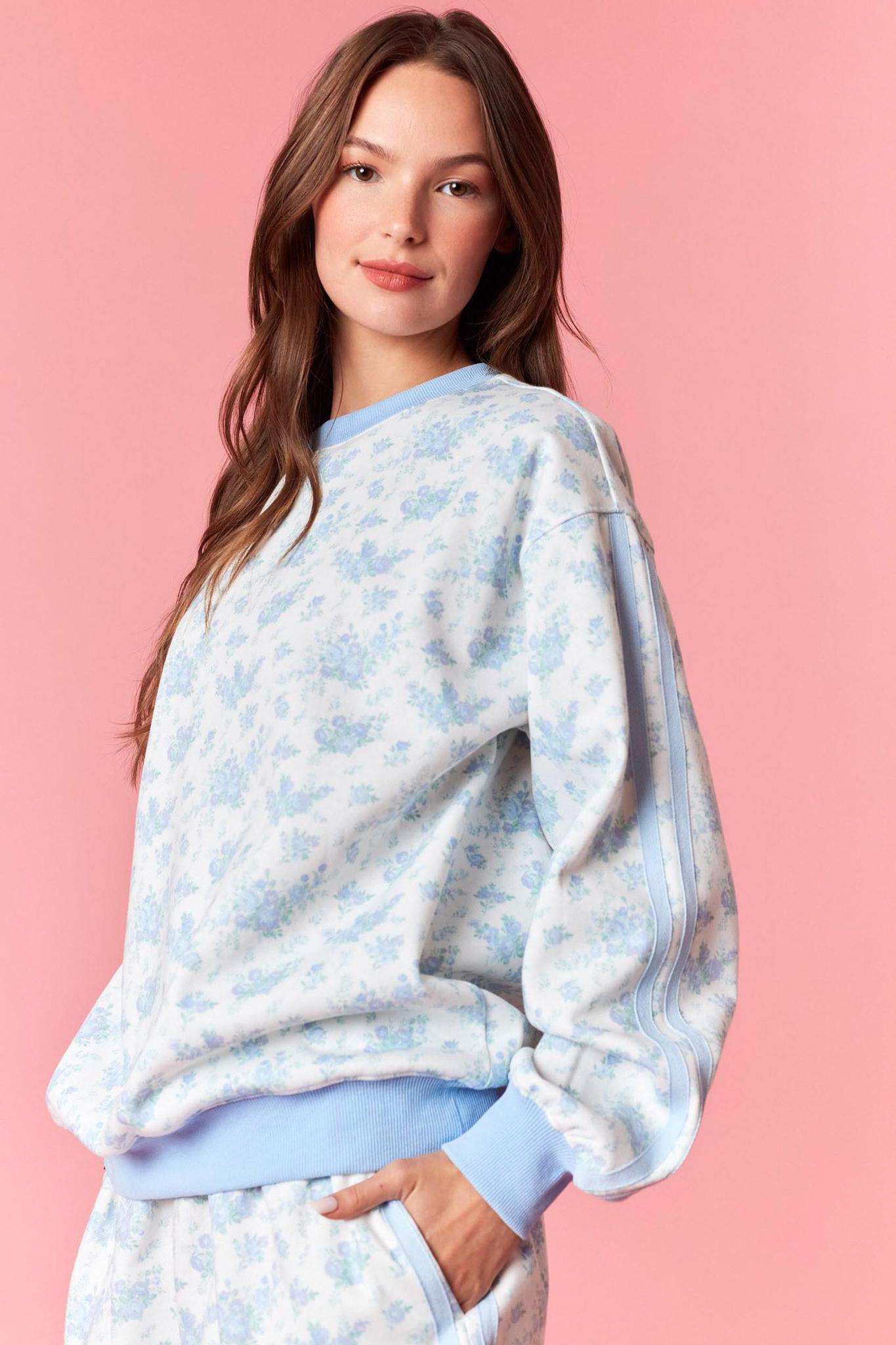 Blue Floral Print Terry Sweatshirt