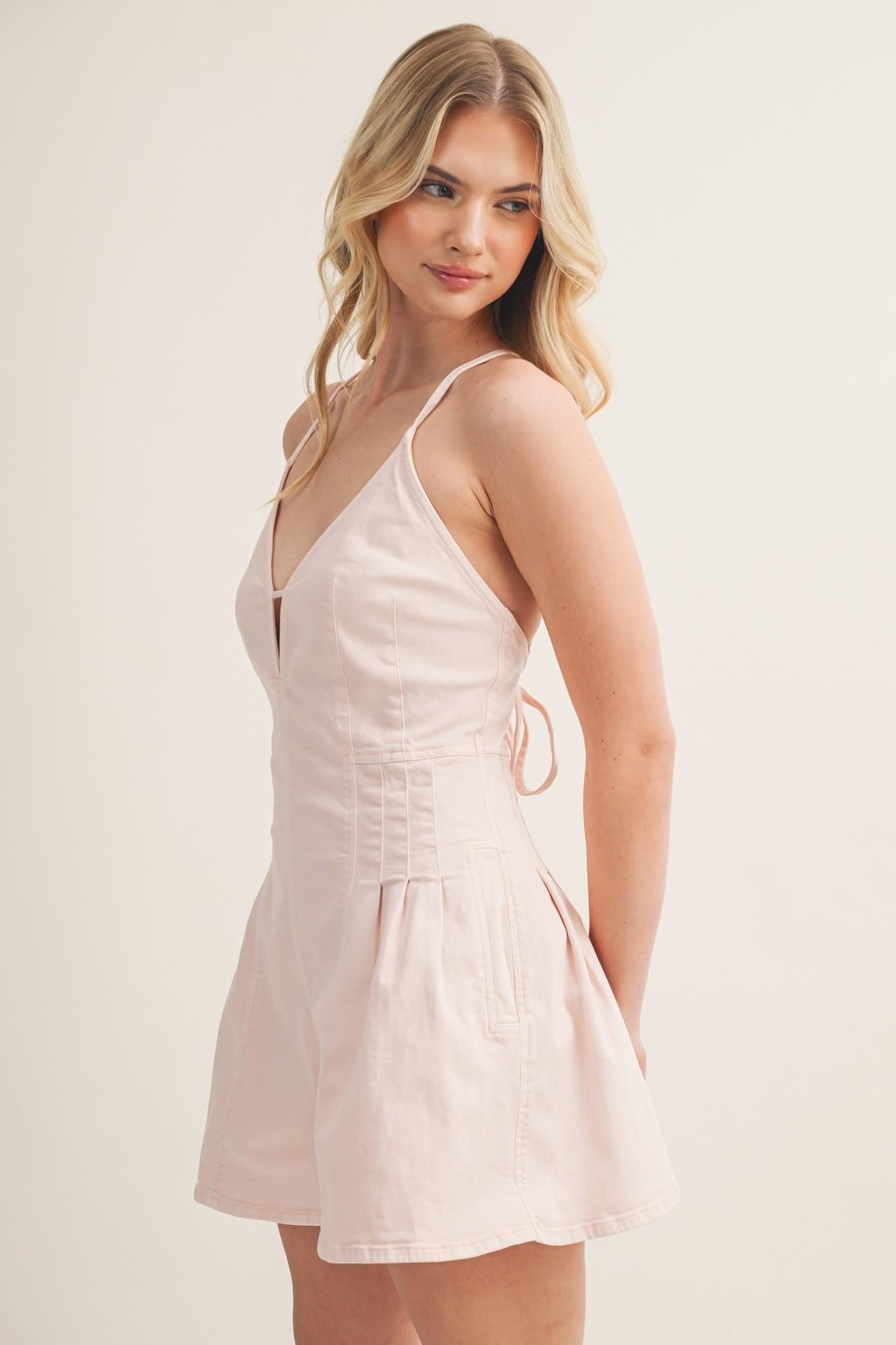 Peony Pink Notched V-neck Pleated Twill Romper