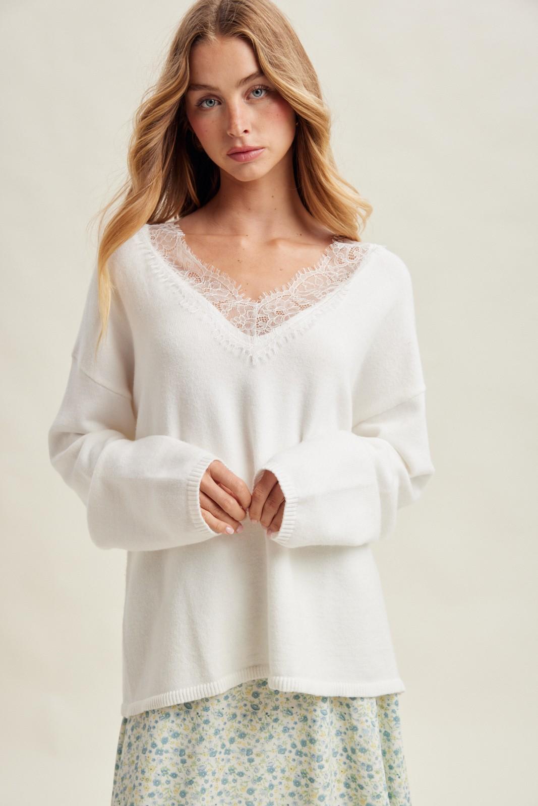 Off-White Lace Trim V-neck Sweater