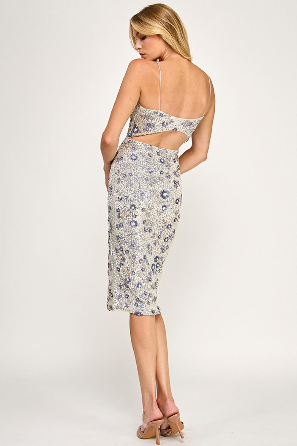 Stripe Slinky Beaded Flower Sequin Formal Dress