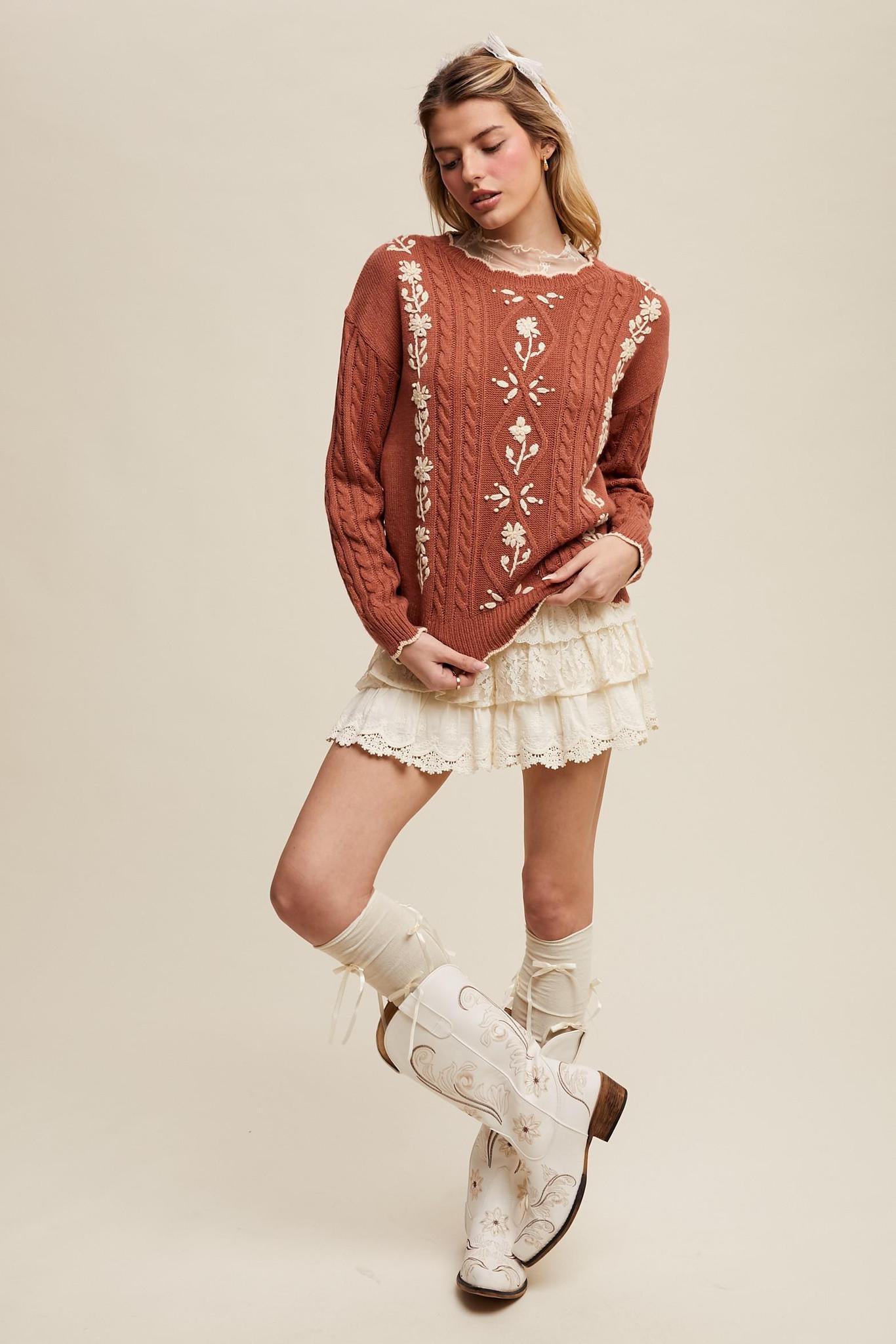 Floral Embroidered Cable Knit Sweater