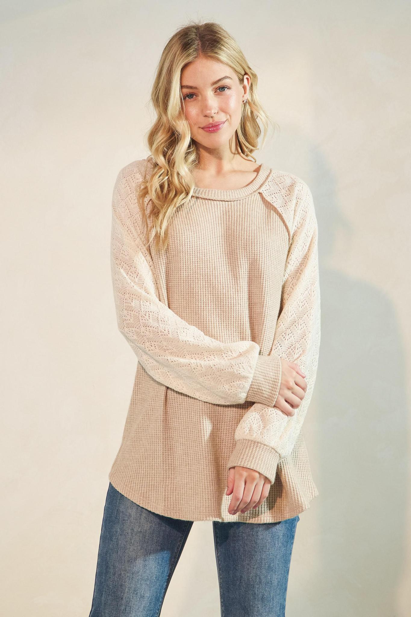 Oatmeal Puff Sleeve Solid Color Block Top