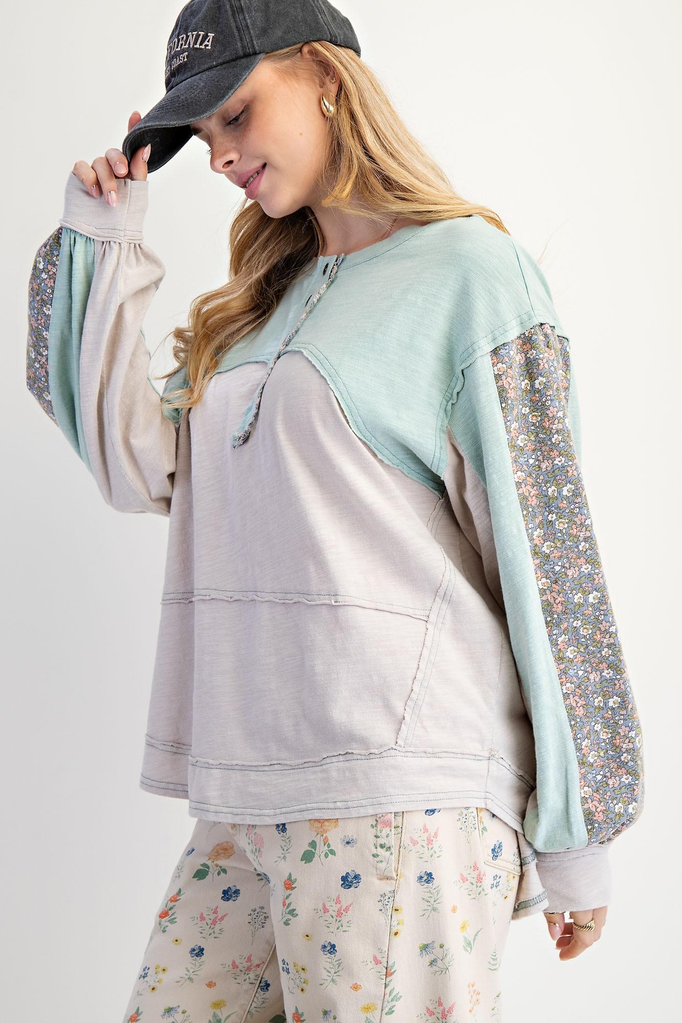 Mint Grey Color Block Washed Henley Top