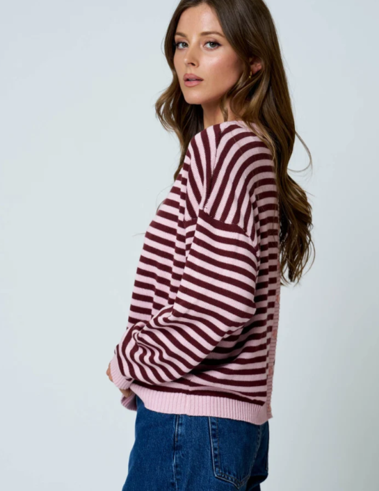 STRIPE RELAXED BACK BUTTON DETAIL KNIT SWEATER - LIGHT PINK