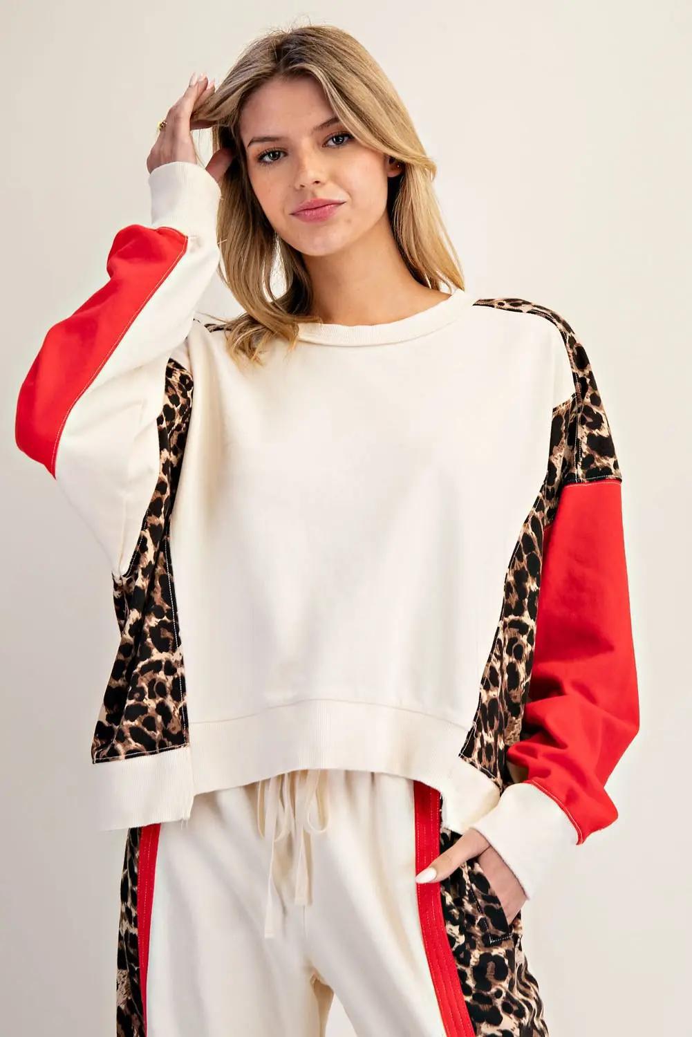 Leopard Color Block Dropped Shoulder Pullover