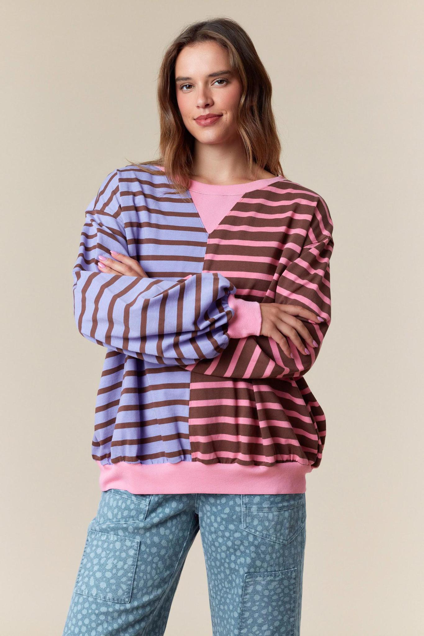 Half & Half Color Block Stripe Sweatshirt