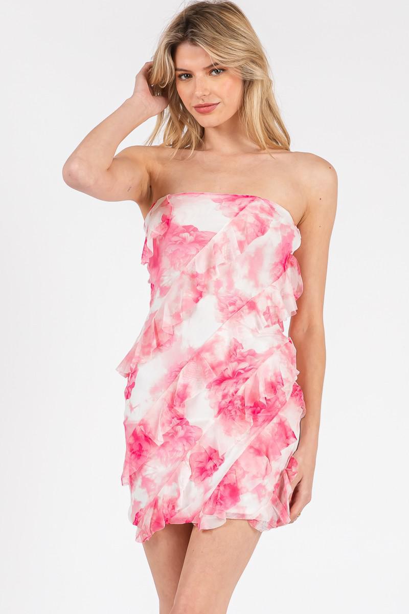 PINK PRINT MESH MINI RUFFLE DRESS