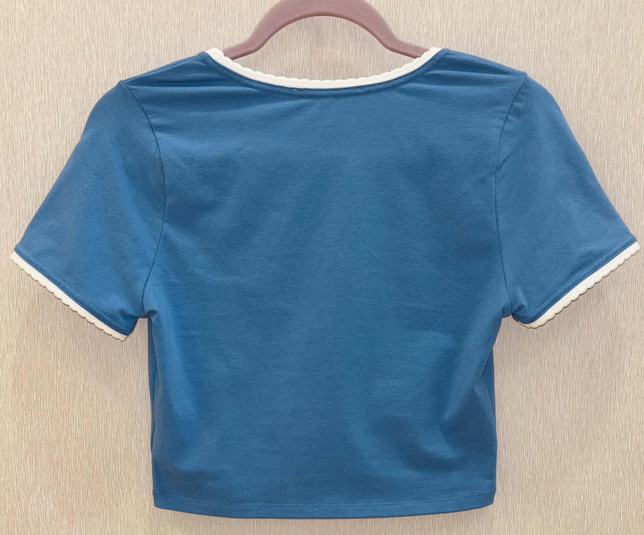 Blue Lace Trimmed Crew Crop Top