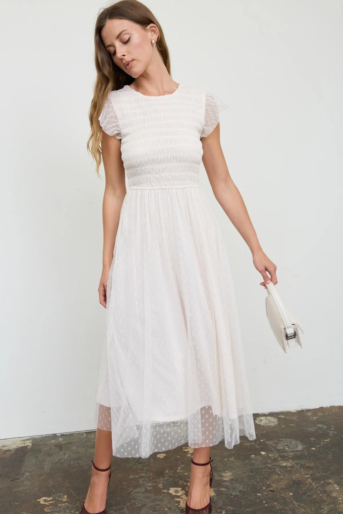 NATURAL POLKA DOT CHIFFON SMOCKED MIDI DRESS