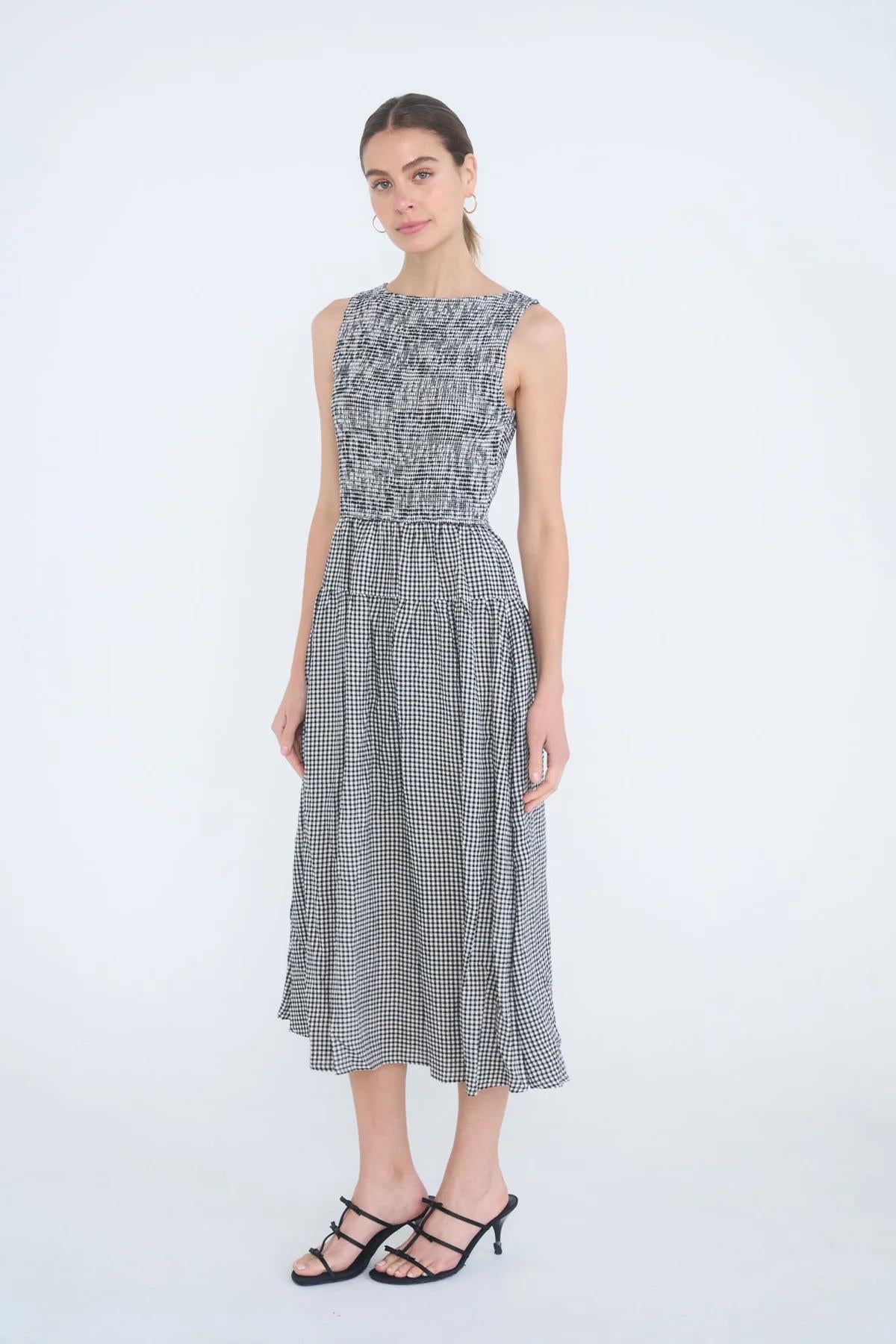 BLACK SMOCKED GINGHAM TIERED SLEEVELESS MIDI DRESS