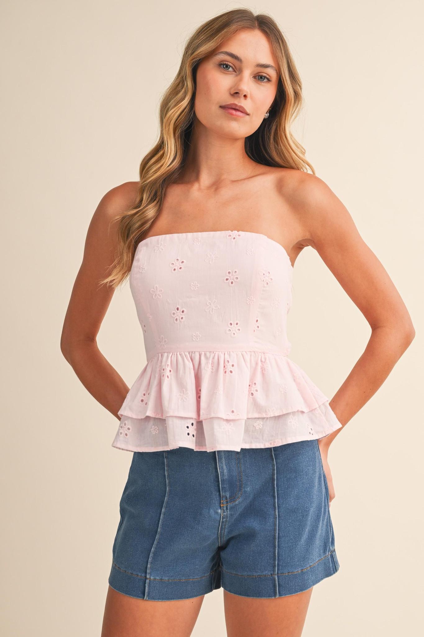 Eyelet Tiered Peplum Back Tie Top