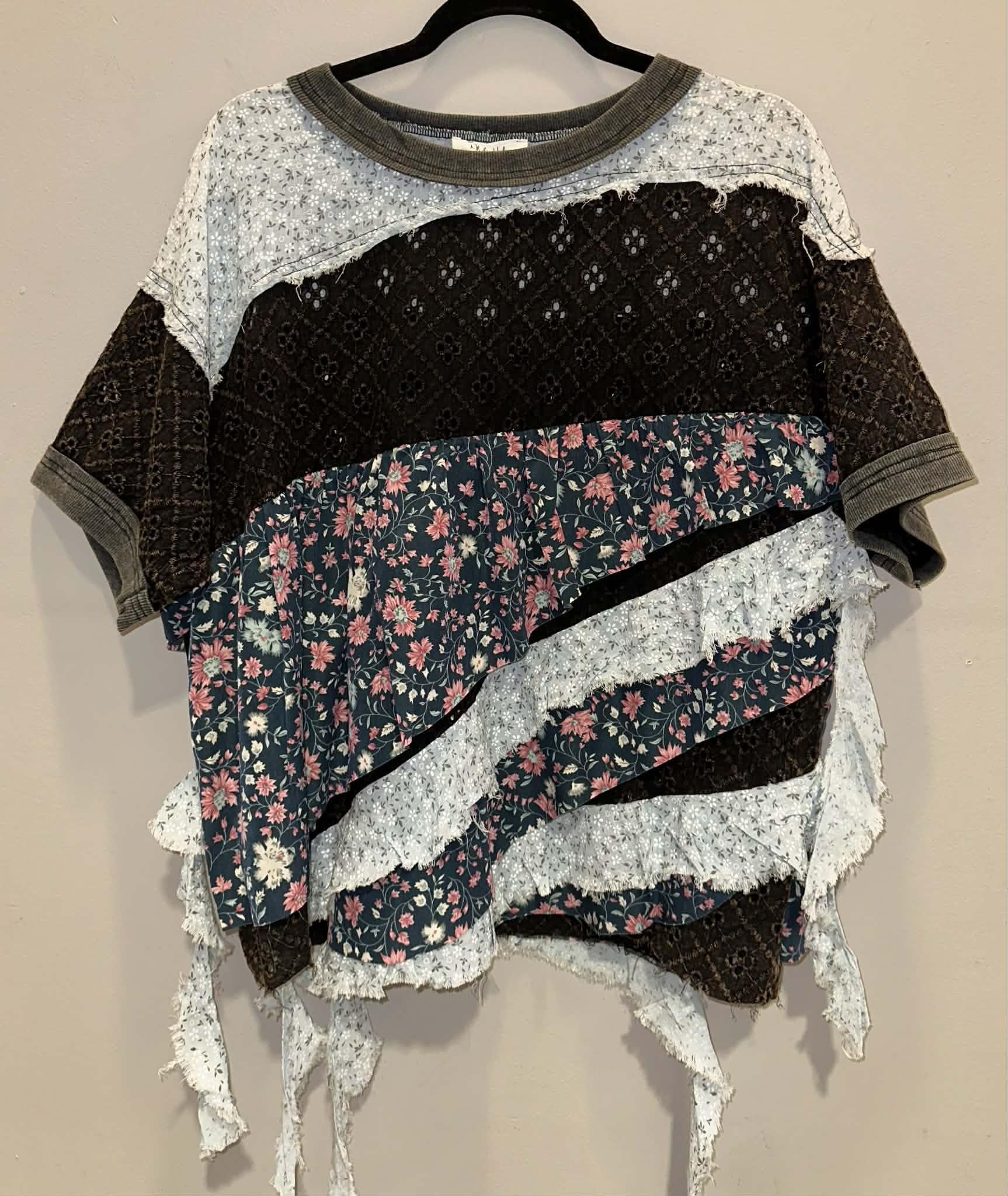 Washed Fabric Mix Floral Tiered Blouse