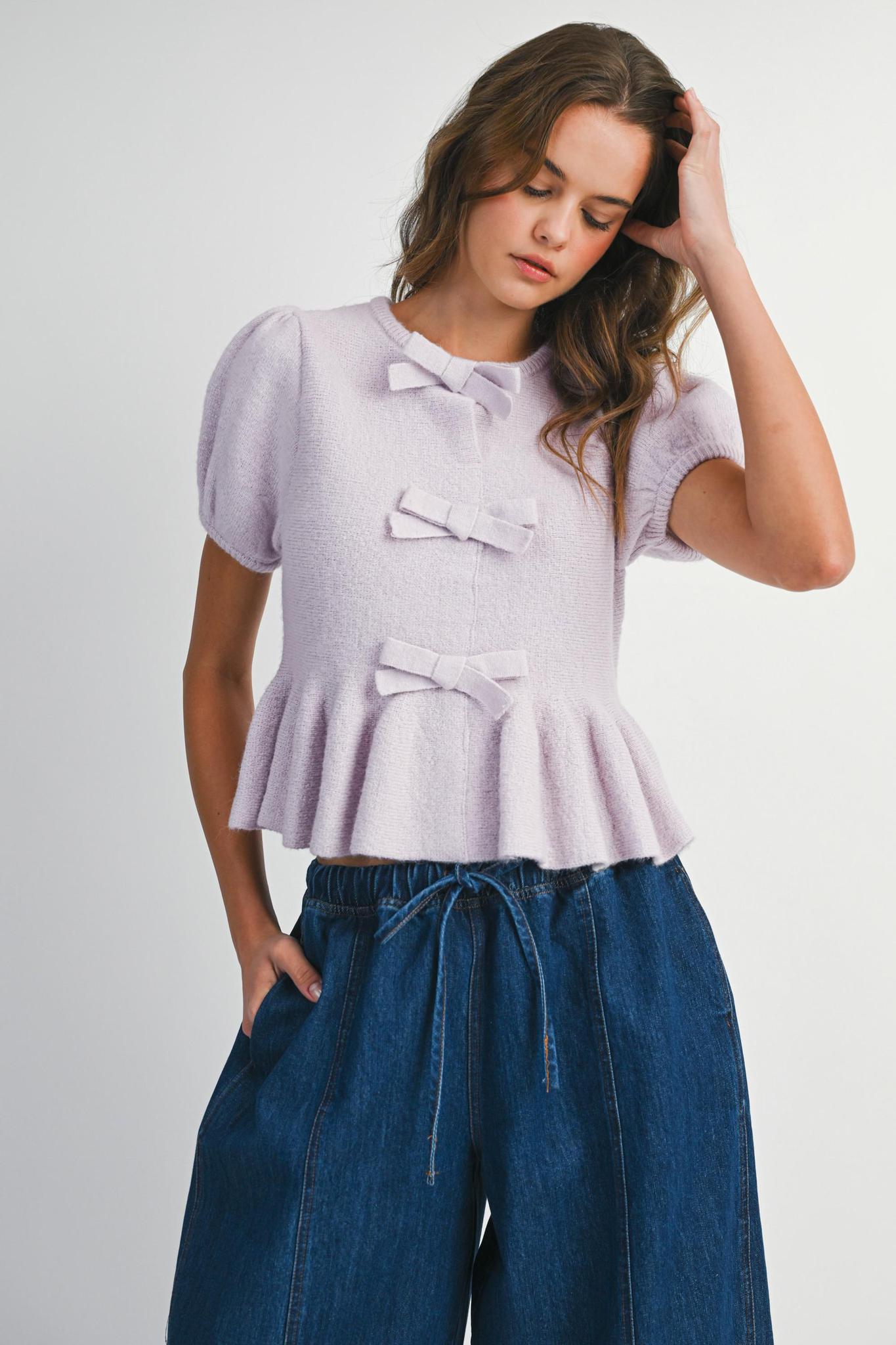 Lavender Knit Puff Sleeve Bow Detail Peplum Top