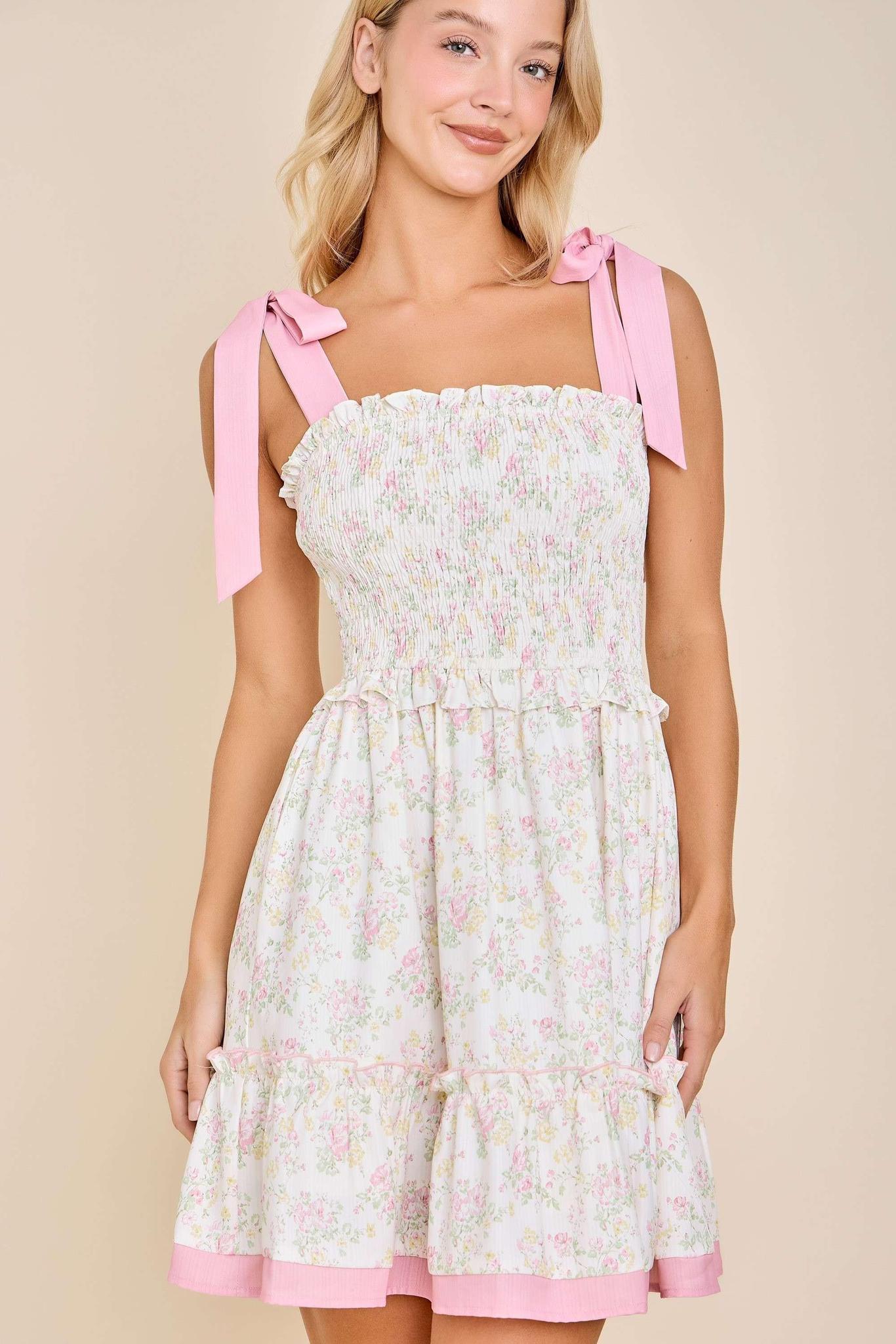 Floral Pink Ribbon Strap Sundress