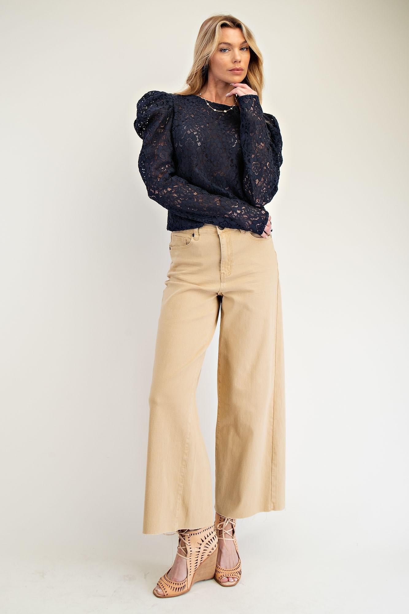 Khaki Twill HW Wide Leg Pants