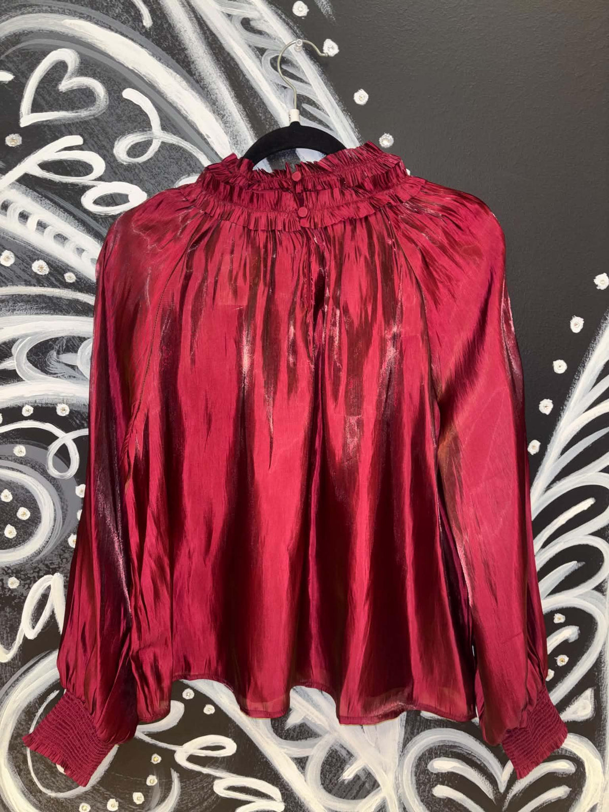 RED WOOD SMOCKED NECK SHIMMER LONG SLEEVE BLOUSE