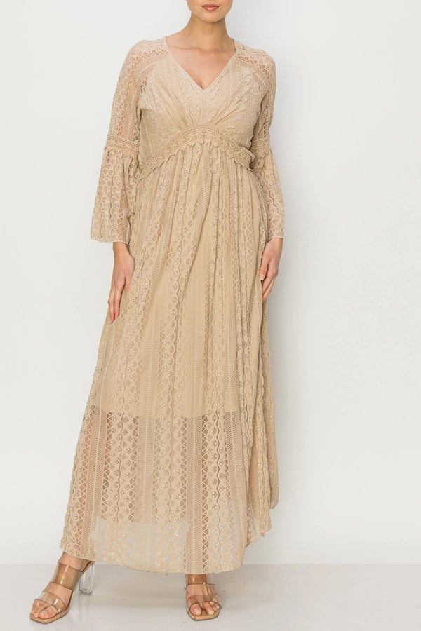 Romantic Lace Bell-Sleeved A-Line Midi Dress