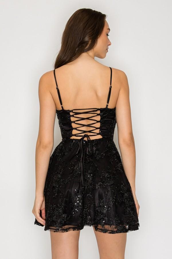 Black Floral Sequin Fit & Flare Mini Dress