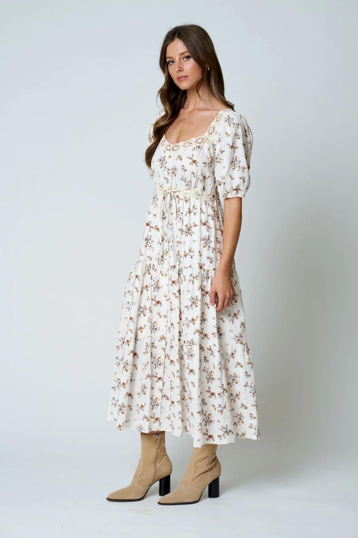CREAM FLORAL CLIP DOT CROCHET LACE TRIM MIDI DRESS
