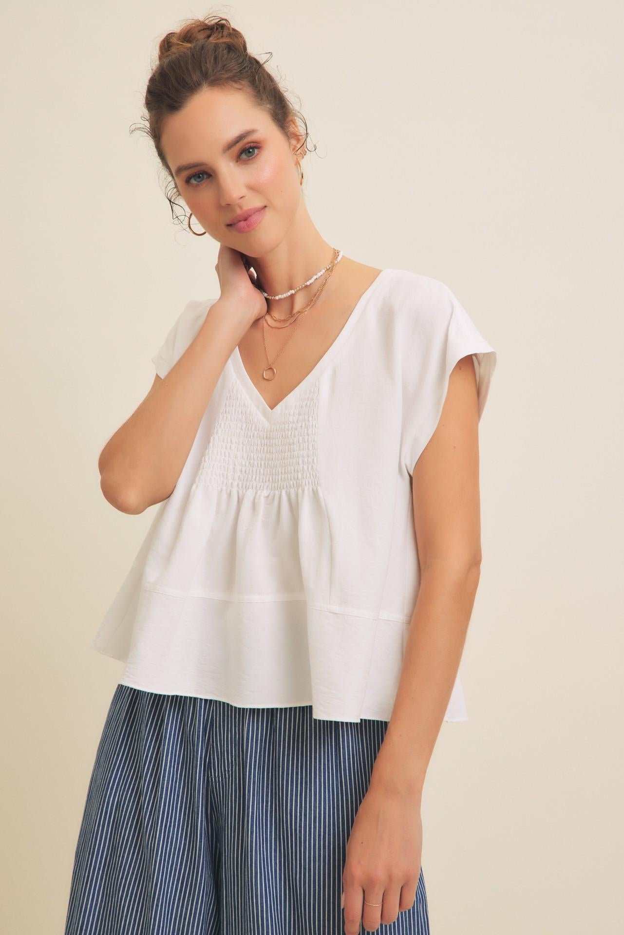 Flowy Oversized Blouse With Smocked Detail - White