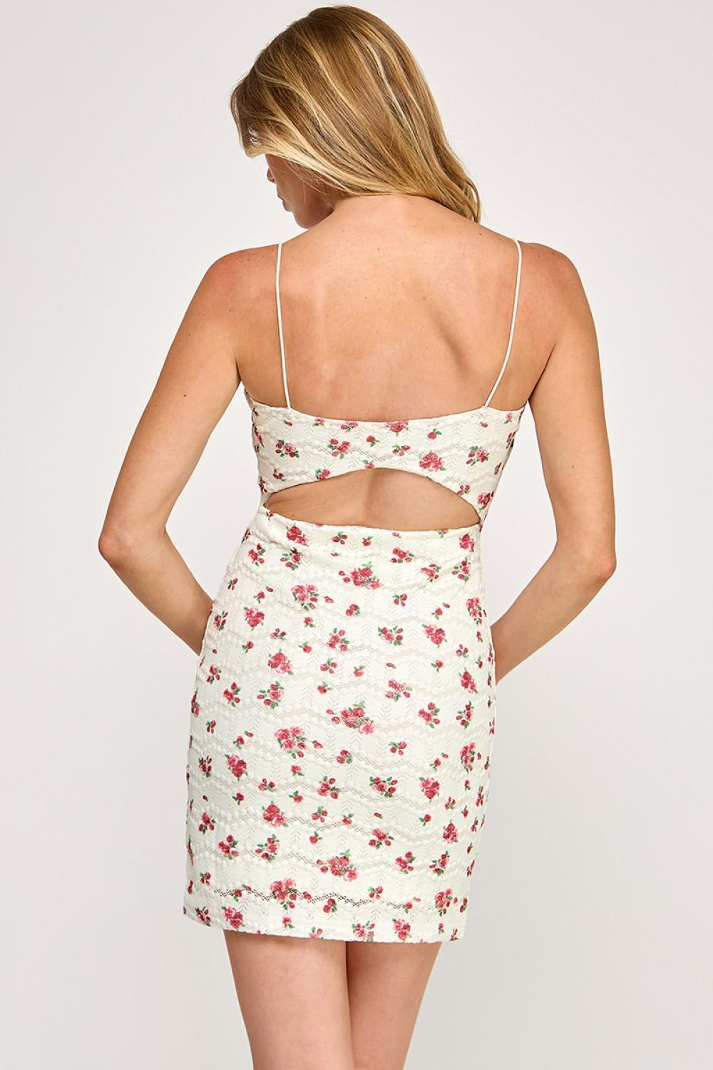 Stretch Lace Sleeveless Floral Backless Mini Dress