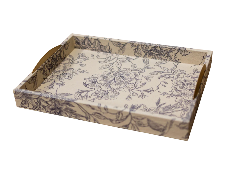 T113 Fabric Wrapped Tray - Cream/Blue 15.25" x 12" x 2.75"