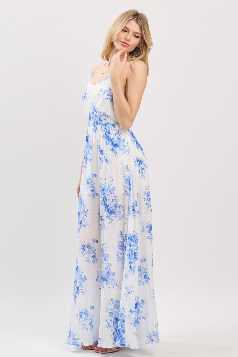SLEEVELESS BLUE FLOWER PRINT MAXI DRESS