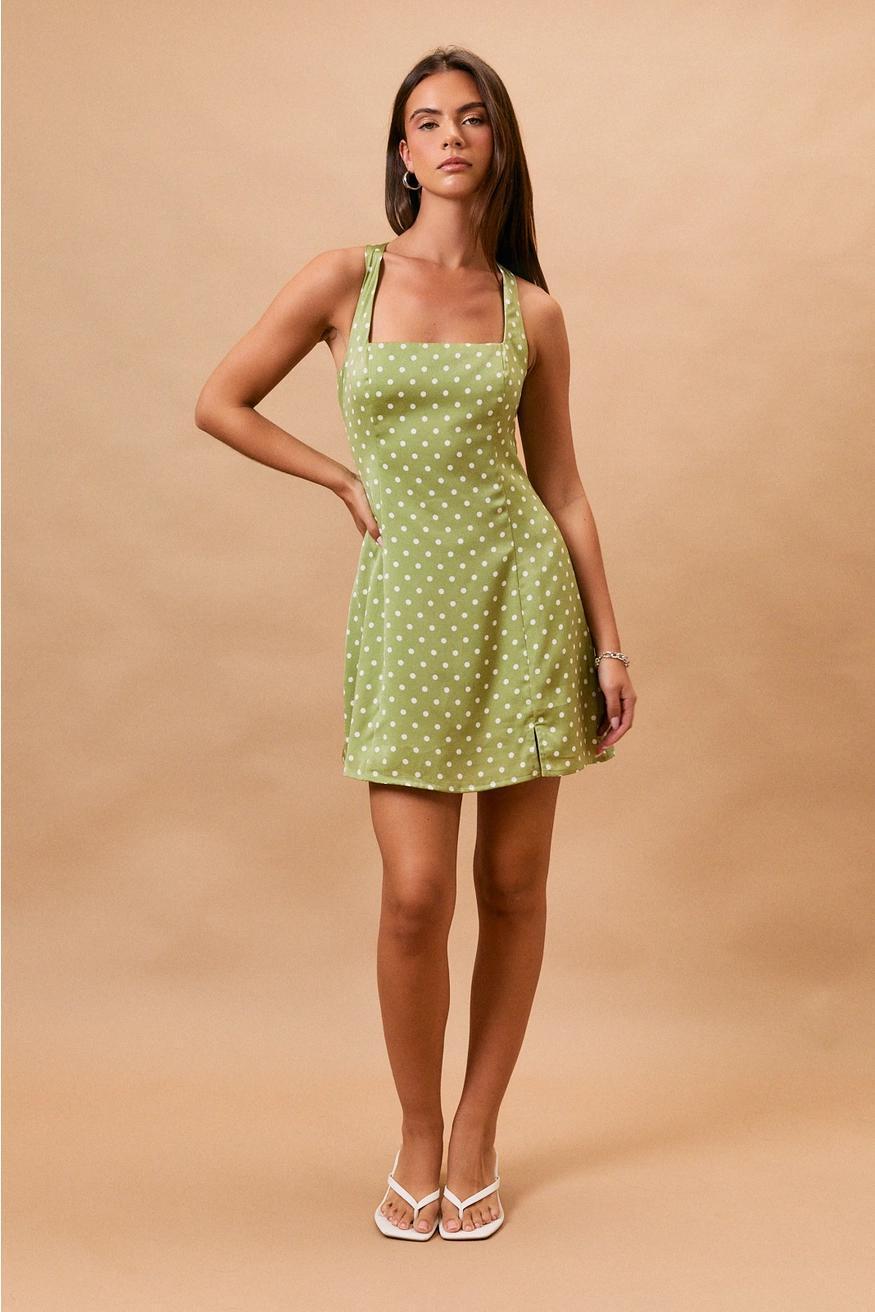 Green Polka Dot Square Neck Mini Dress