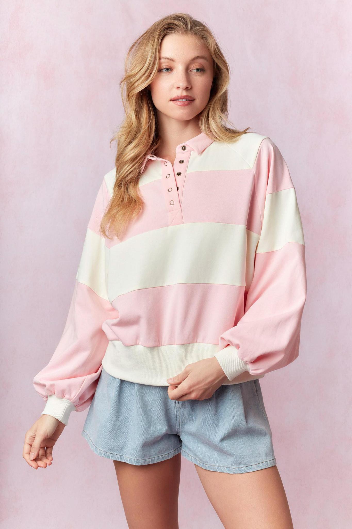 Pink/ivory Striped Snap Button Pullover