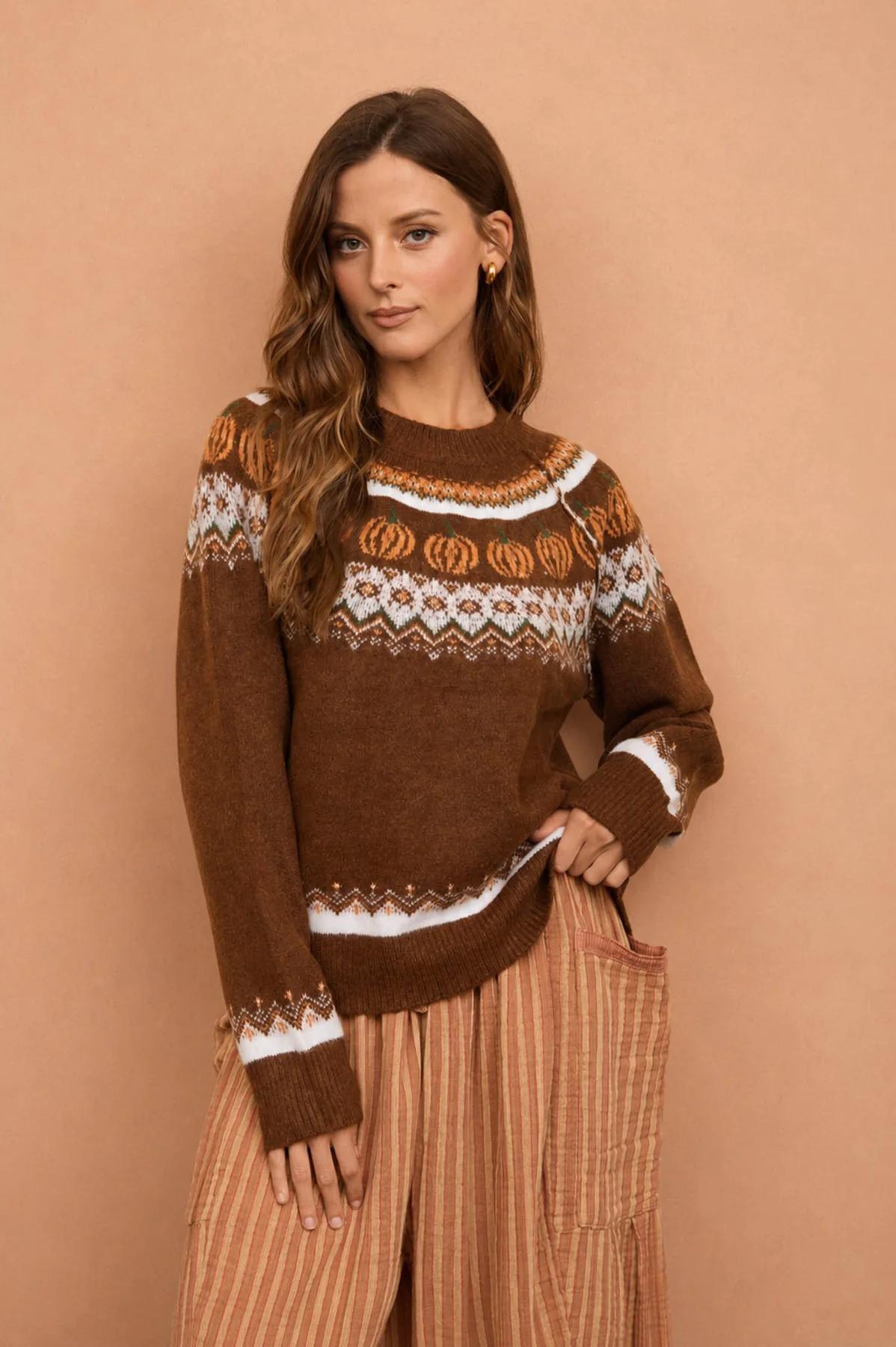 BROWN PUMPKIN FAIR ISLE LONG SLEEVE KNIT SWEATER