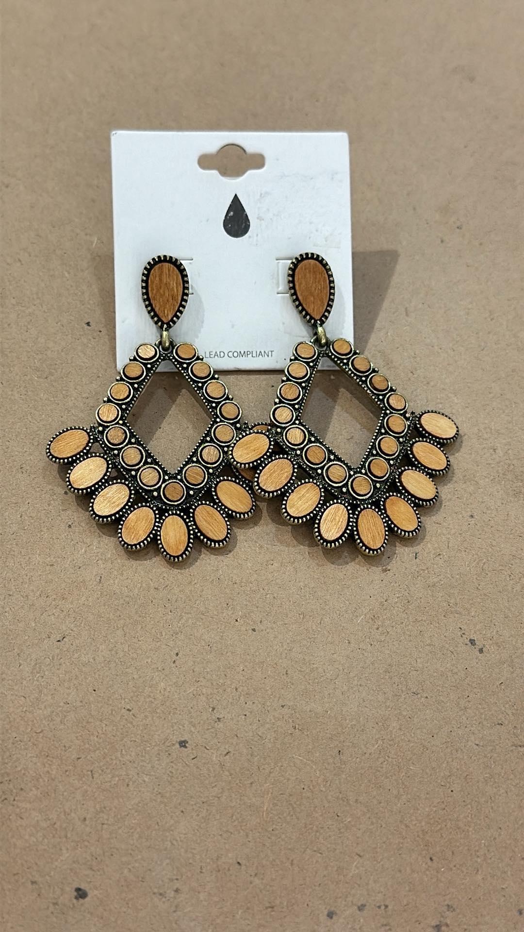 Wood Diamond Drop Earring
