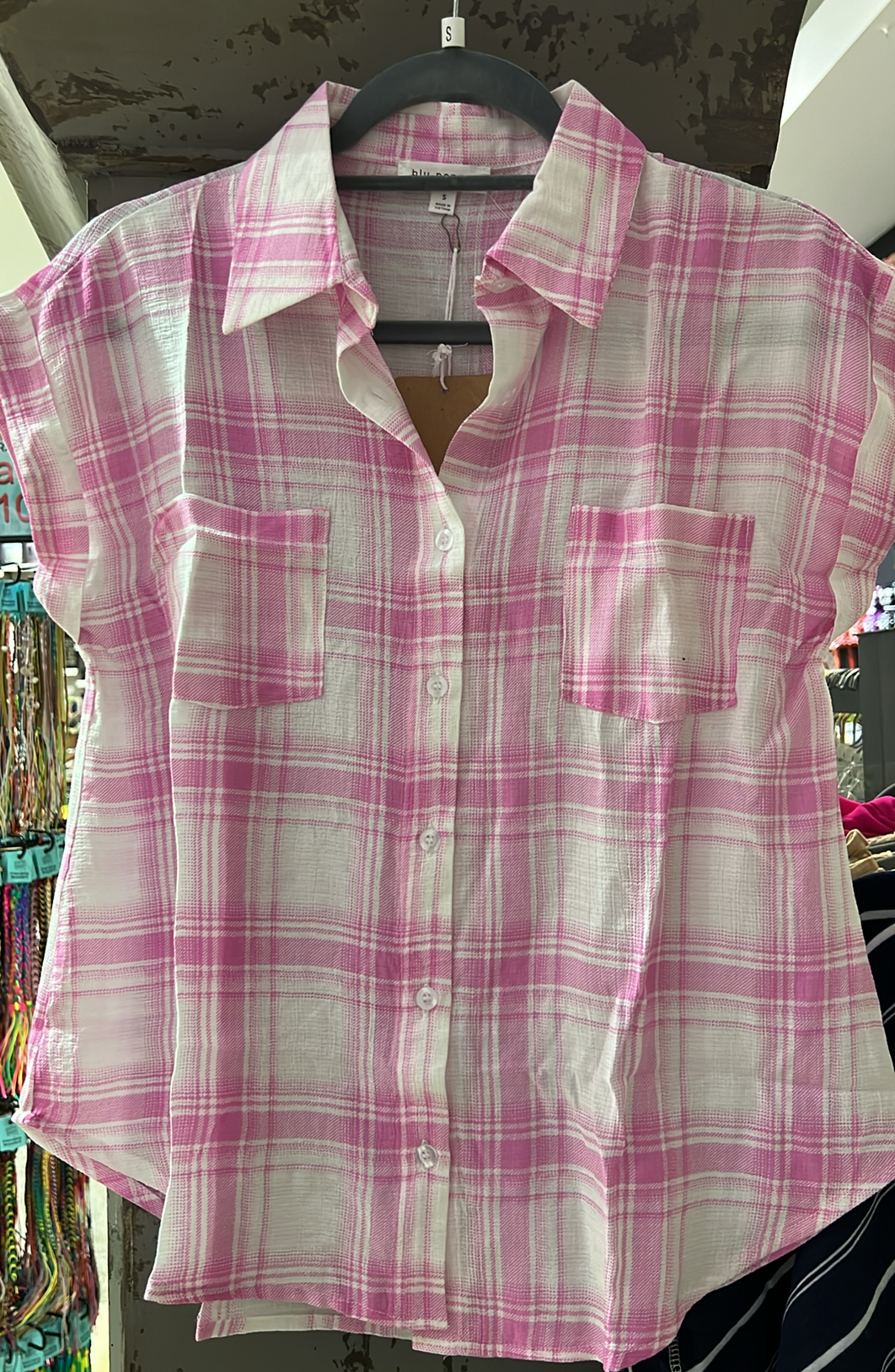 Pink Plaid Button Top