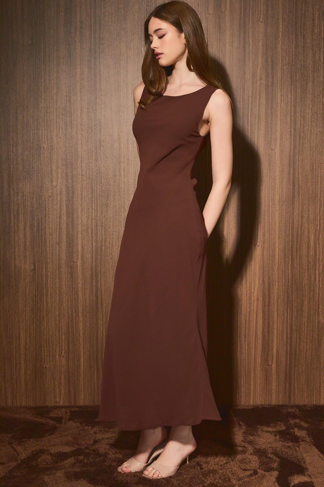 Brown Boat Neck Cowl Back Bias Midi Dress