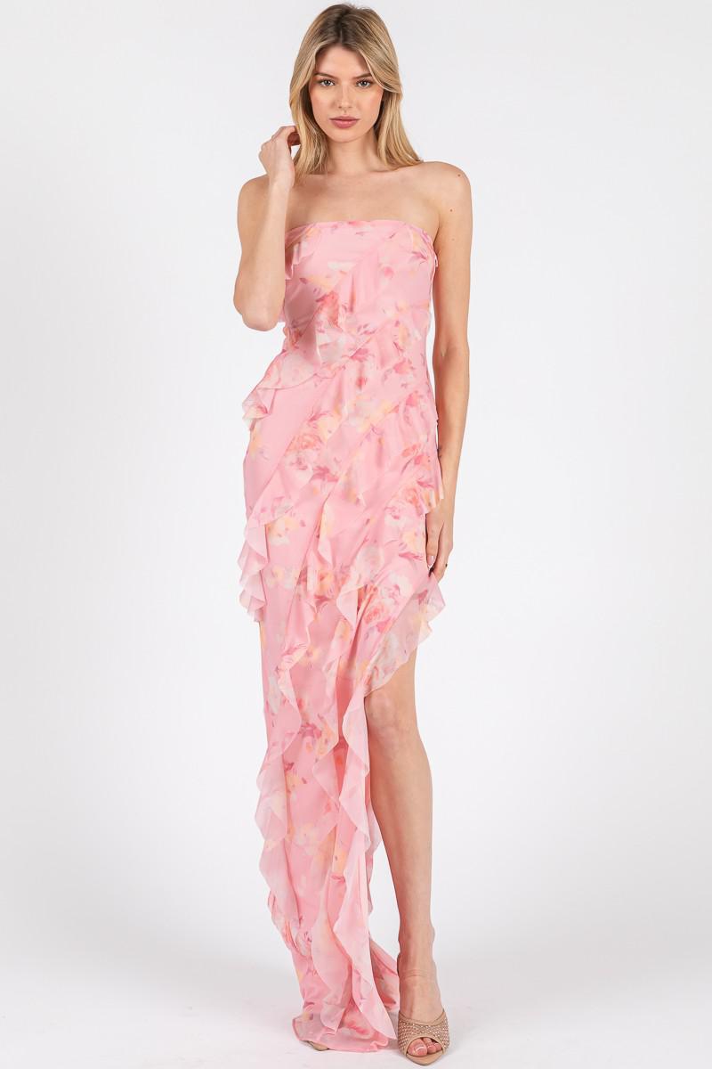 Power Mesh Ruffle Maxi Dress
