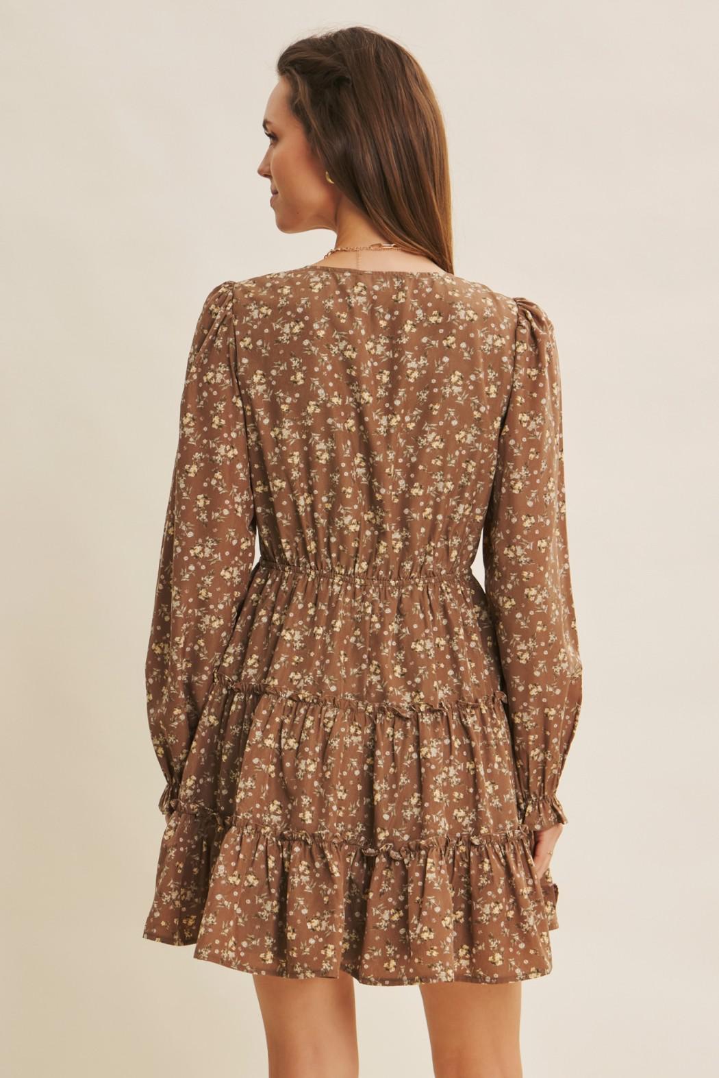 Mocha Romantic Floral Wrap Mini Dress with Ruffles