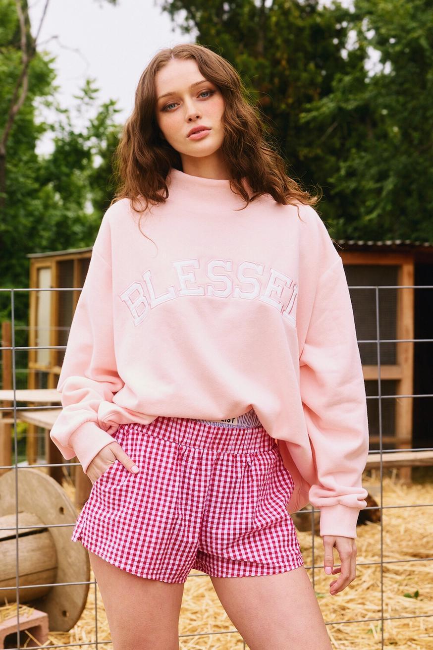 'Blessed' Embroidered Mock Neck Sweatshirt