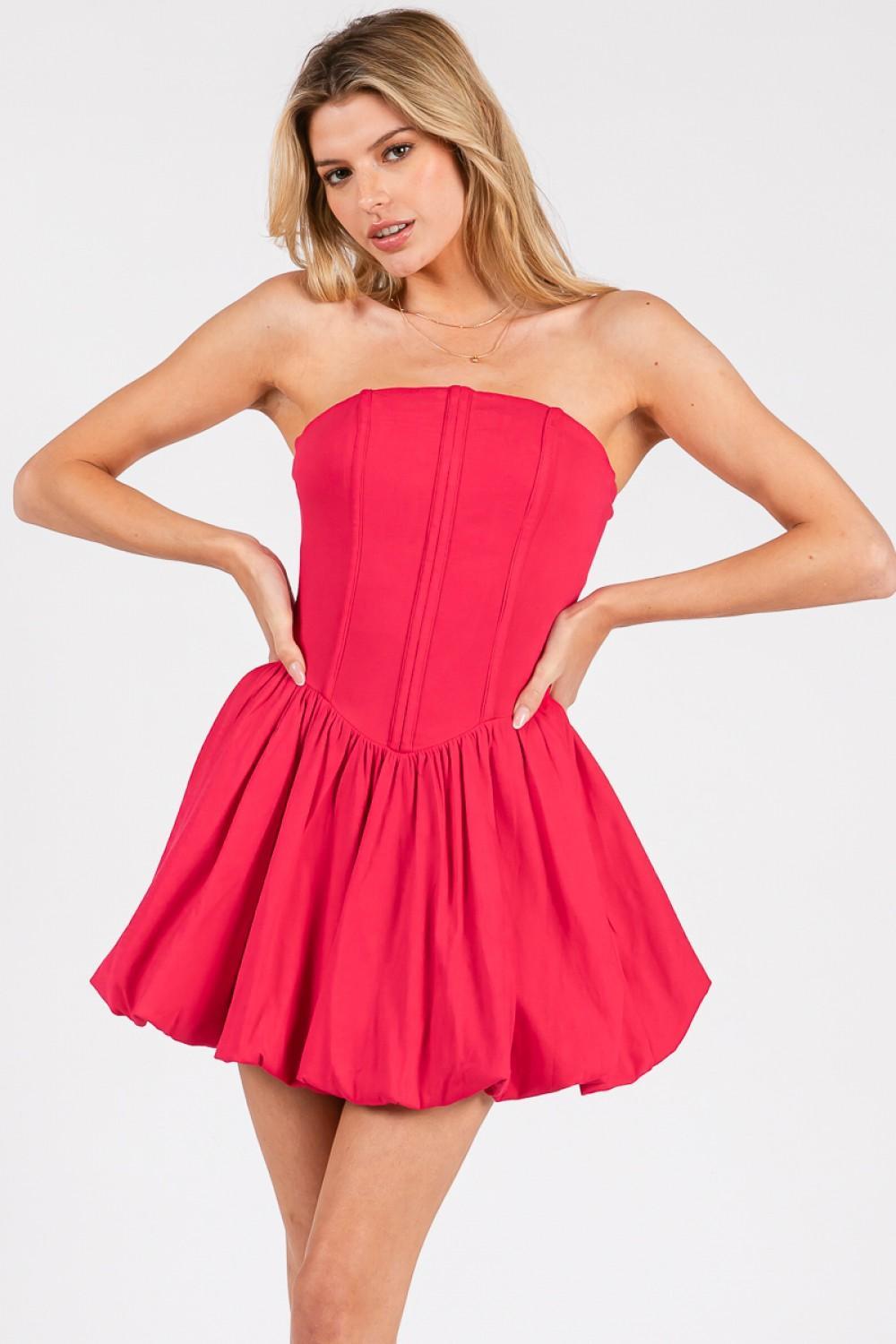 Magenta Red Binding Top Bubble Mini Dress