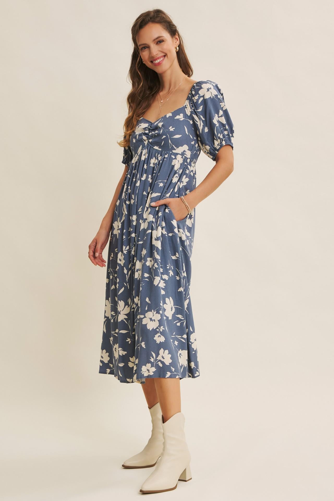 Vintage Denim Flowy Sweetheart Neck Midi Dress