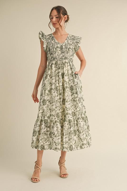 Green Print Midi Dress with Pockets