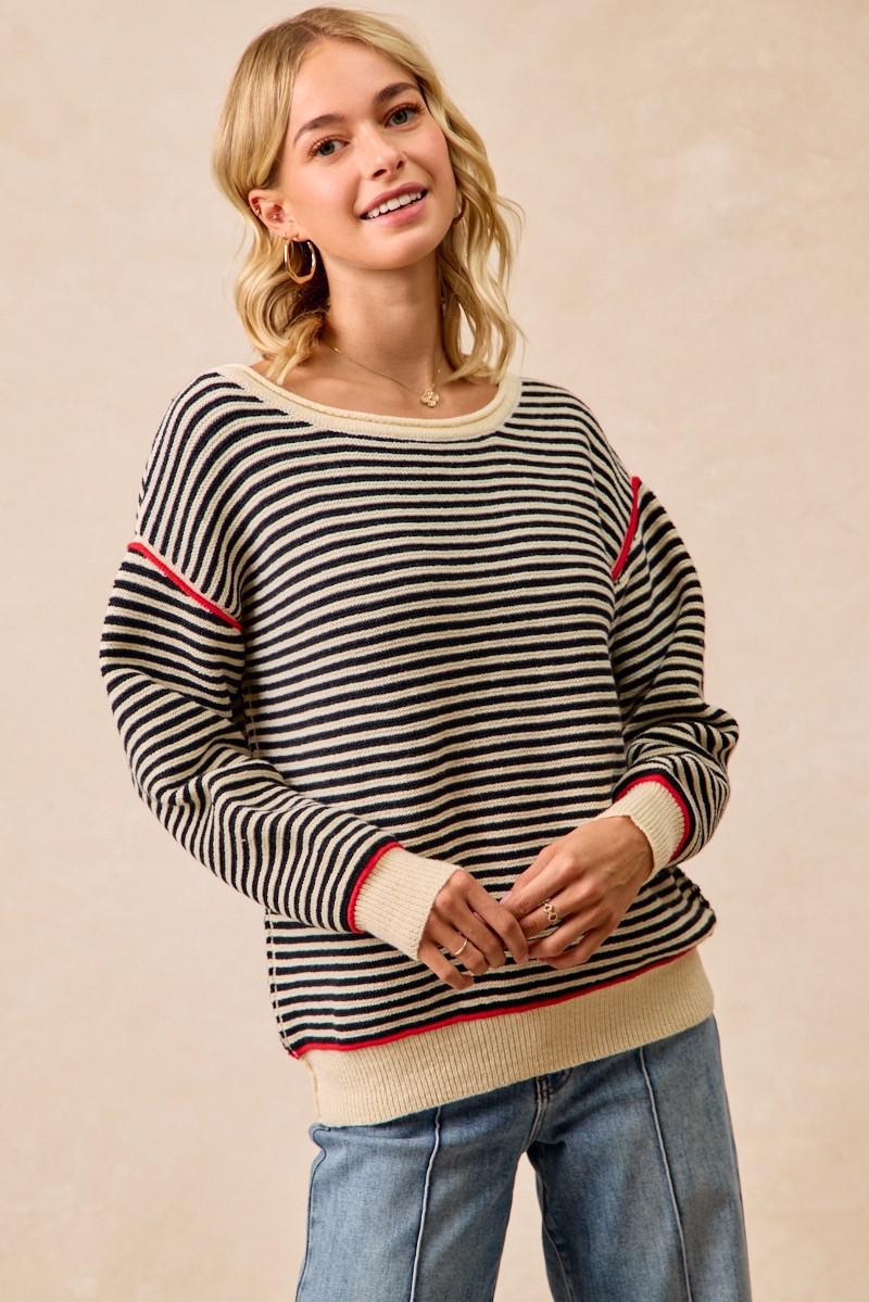 Stripe Knit Contrast Binding Sweater