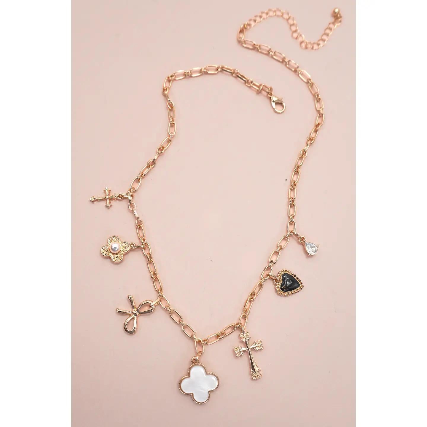 Charm Necklace-Clover Bow Cross Heart Flower