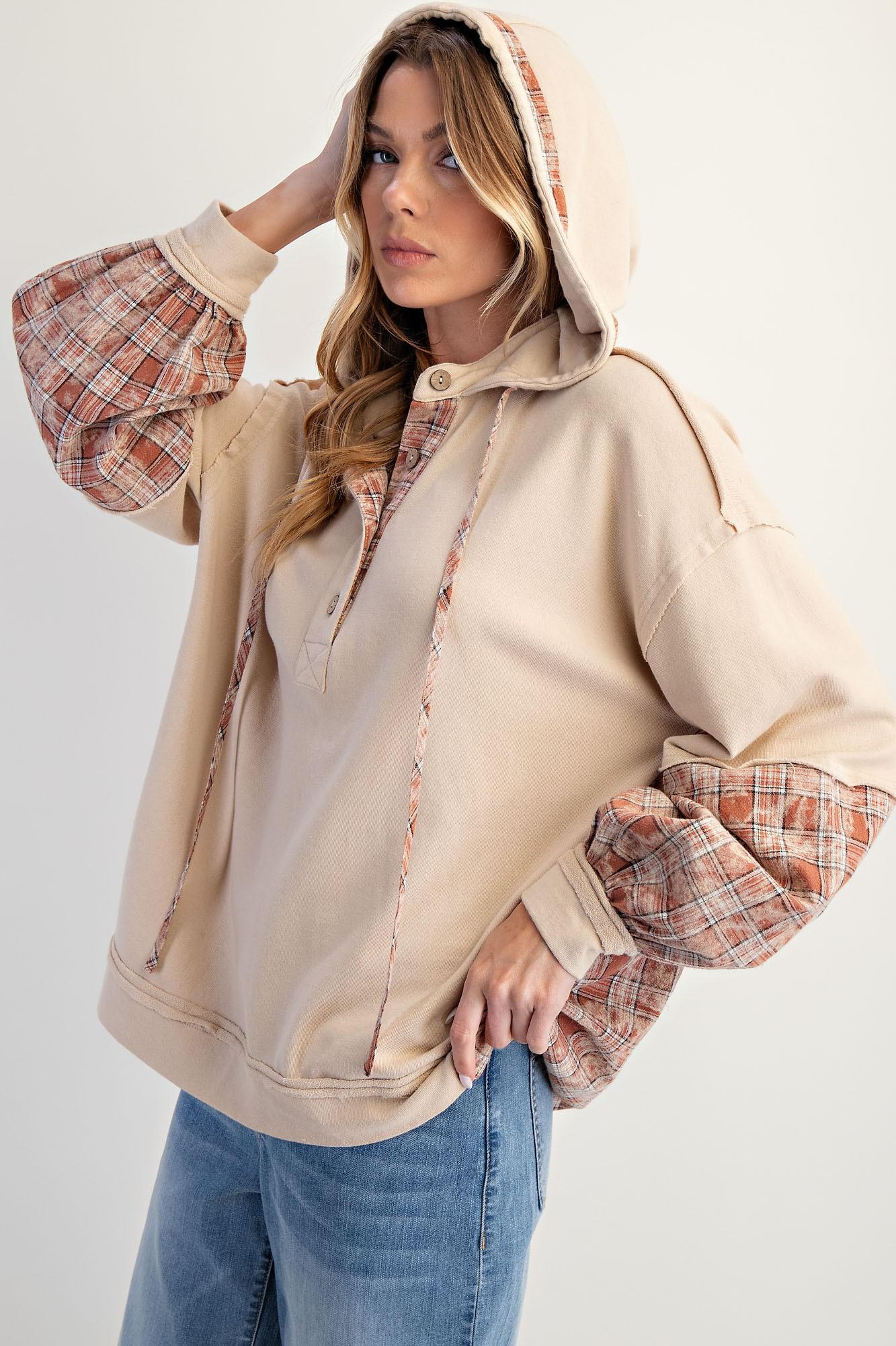 Beige Plaid Mix Henley Hoodie Pullover