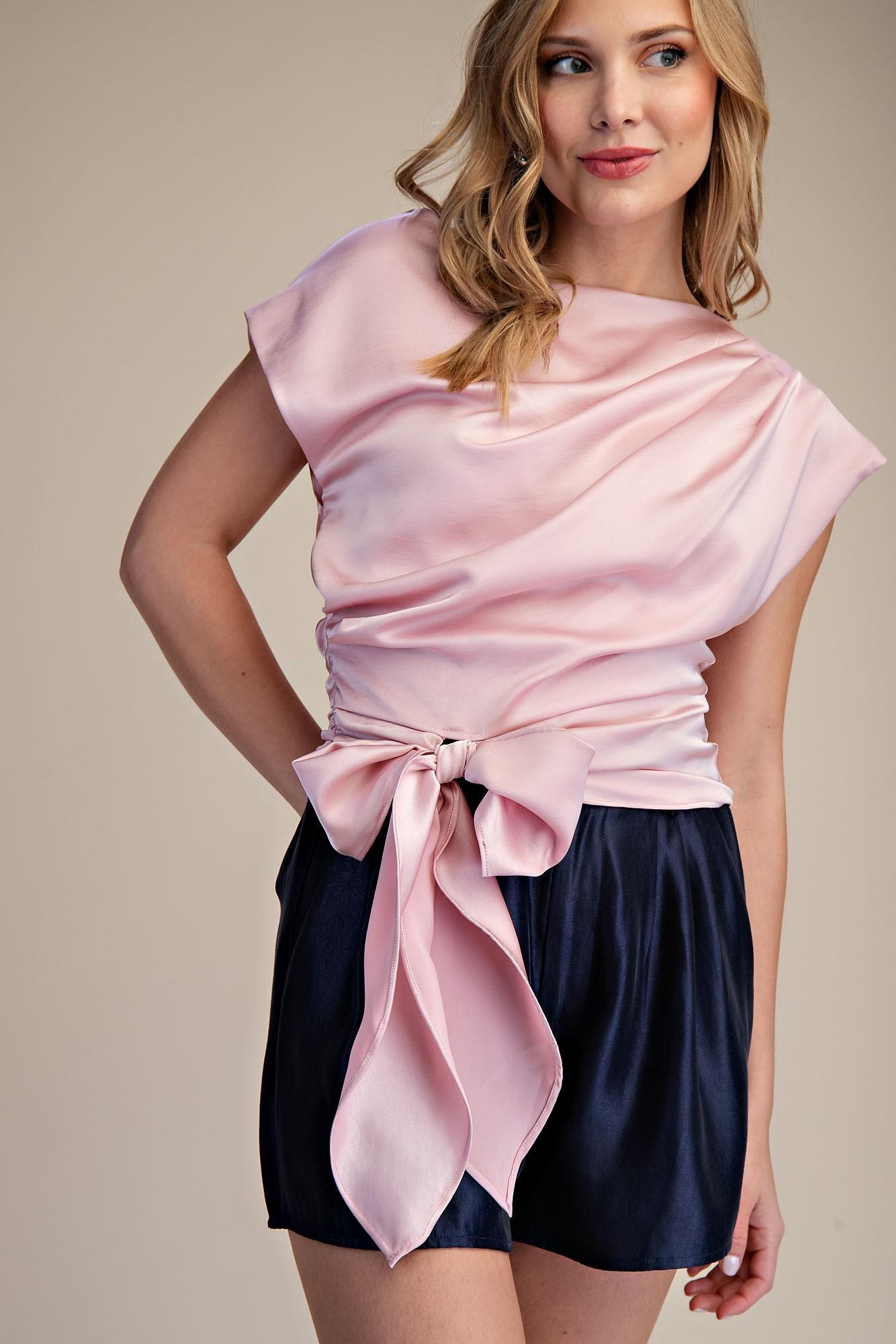 Pink Boat Neck Waist Tie Blouse