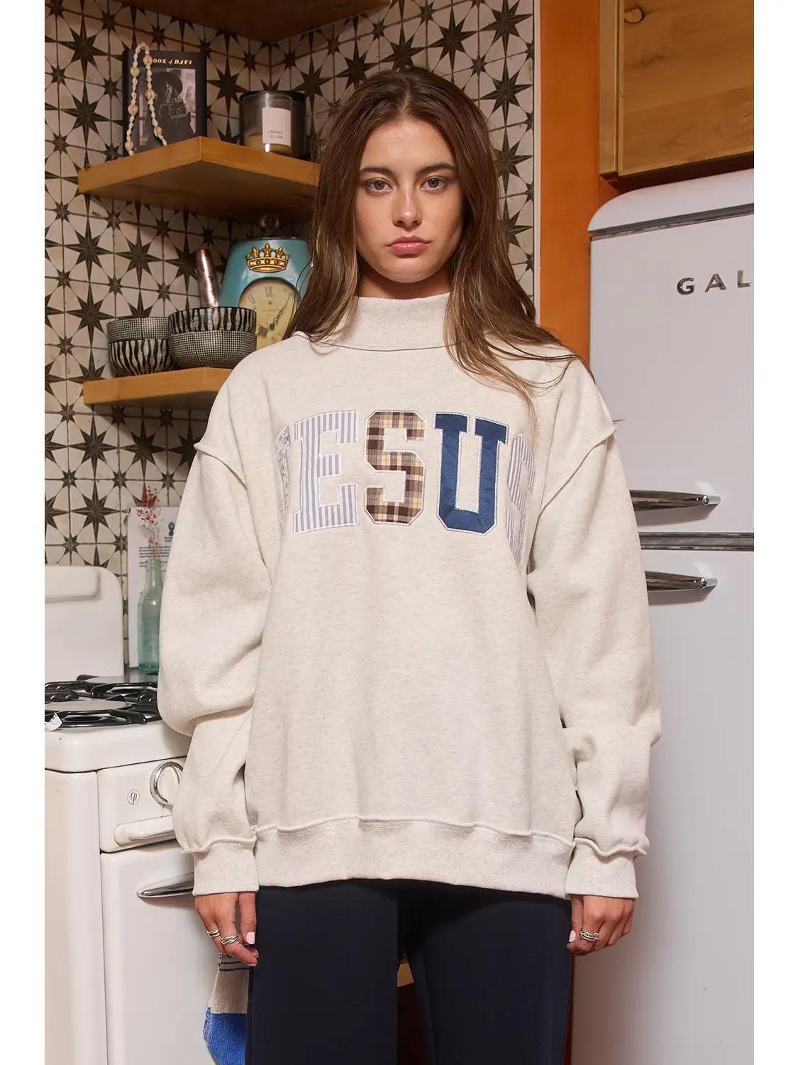 'Jesus' Patch Wording Ash Mock Neck Sweatshirt