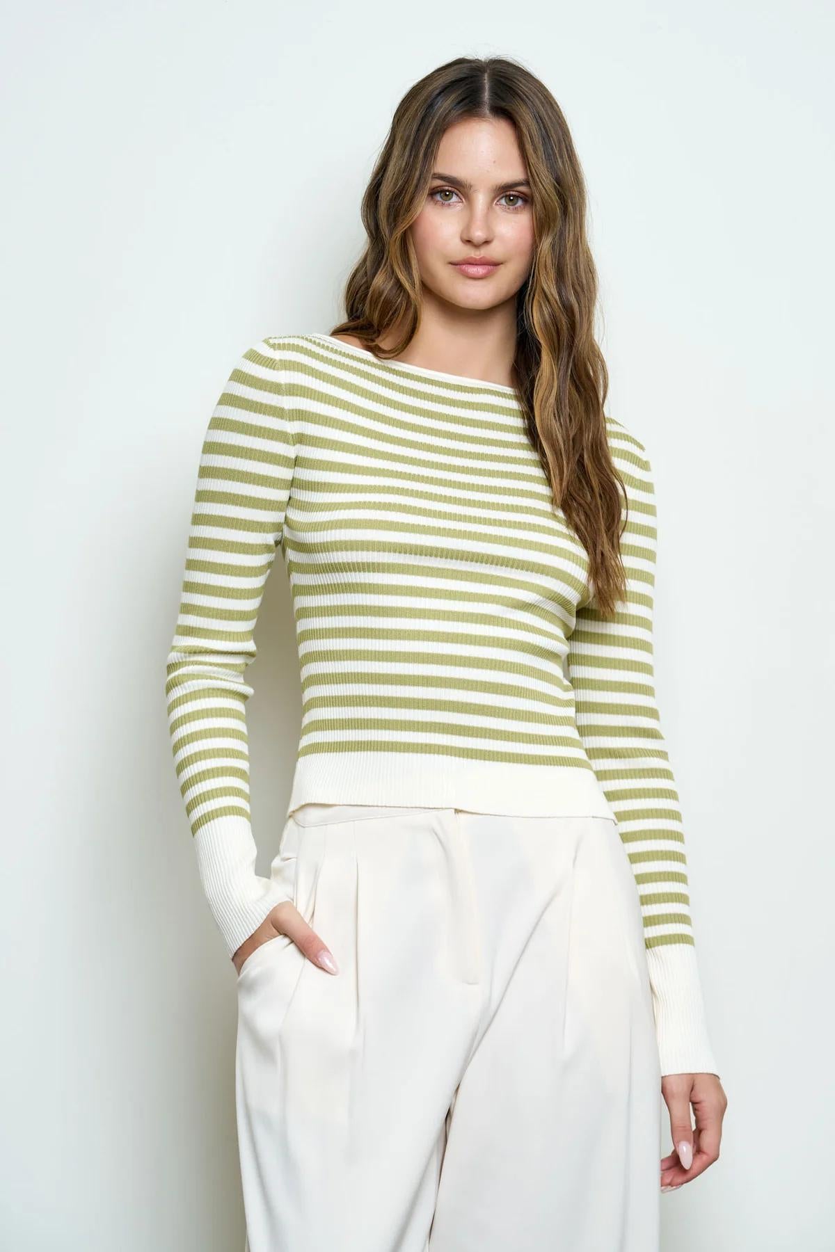 LIOGHT OLIVE BOAT NECK STRIPE RIBBED LONG SLEEVE SWEATER TOP