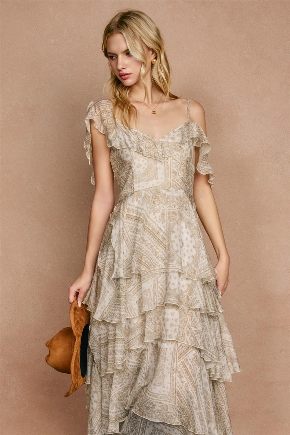 Faded Walnut Asymmetrical Flowy Tiered Maxi Dress