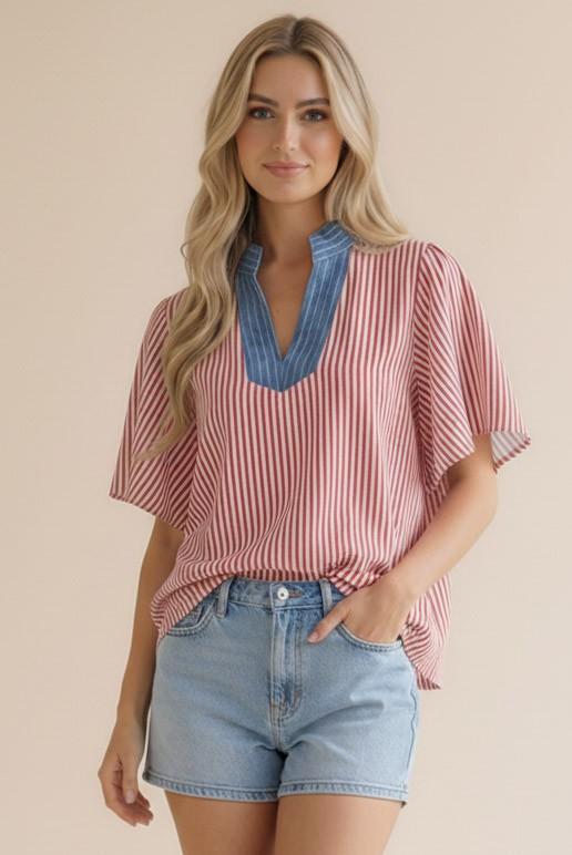 Stitched Neck Band Flutter Sleeve Stripe Top