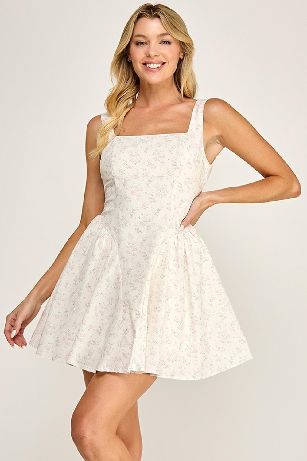 POPLIN FLORAL PRINT SQUARE NECKLINE BOW BACK MINI DRESS